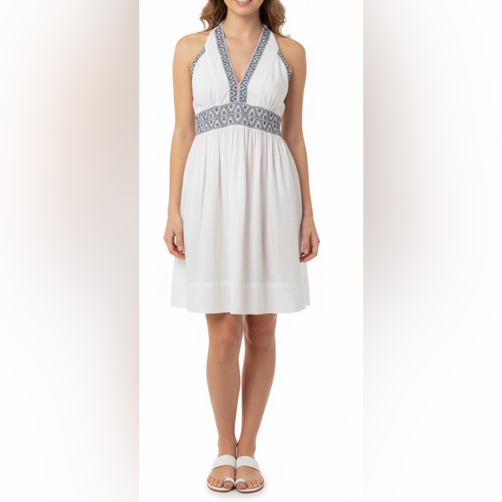 Gretchen Scott White Blue Embroidery Trim Halter Coastal Summer Dress Size XL